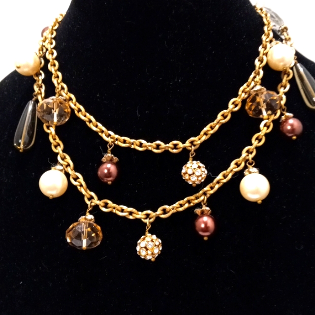Pearl Crystal Rhinestone Balls Teardrops Gold Tone Neckless 22$